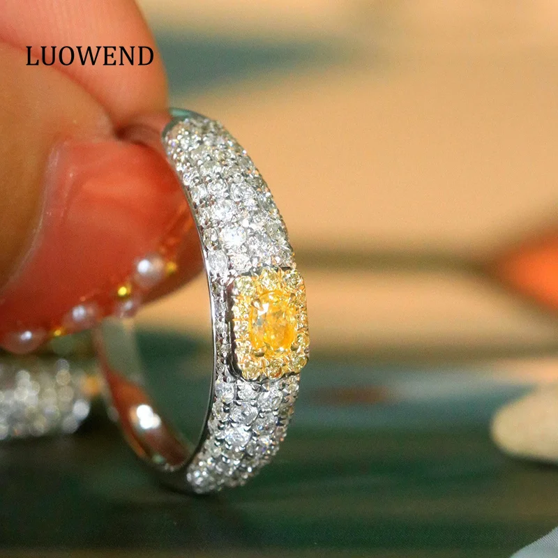 

LUOWEND 18K White Gold Rings Fashion Shiny Design Real Natural Yellow Diamond Engagement Ring for Women High Wedding Jewelry