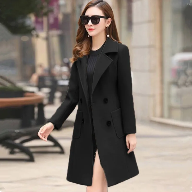 Tanming Women's Wool Blend Pea Coat - Notched Collar, Long Double-Breasted Overcoat