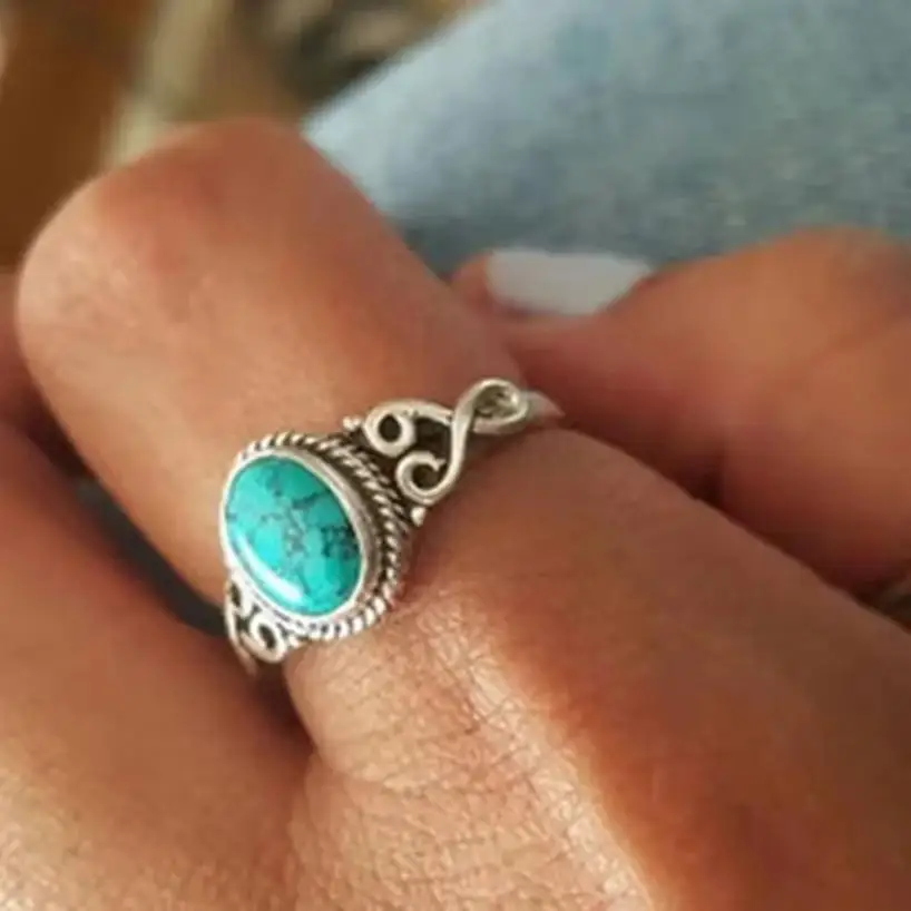 1 Pcs New Fashion Natural Turquoise Ring Wedding Engagement Birthday Party Anniversary Gift Retro Elegance Aquamarine Ring