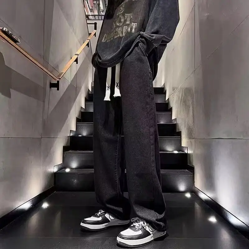 Autumn Winter KPOP Fashion Style Harajuku Slim Fit Trousers Casual All Match Jeans Thick Straight Cylinder Loose Wide-leg Pants