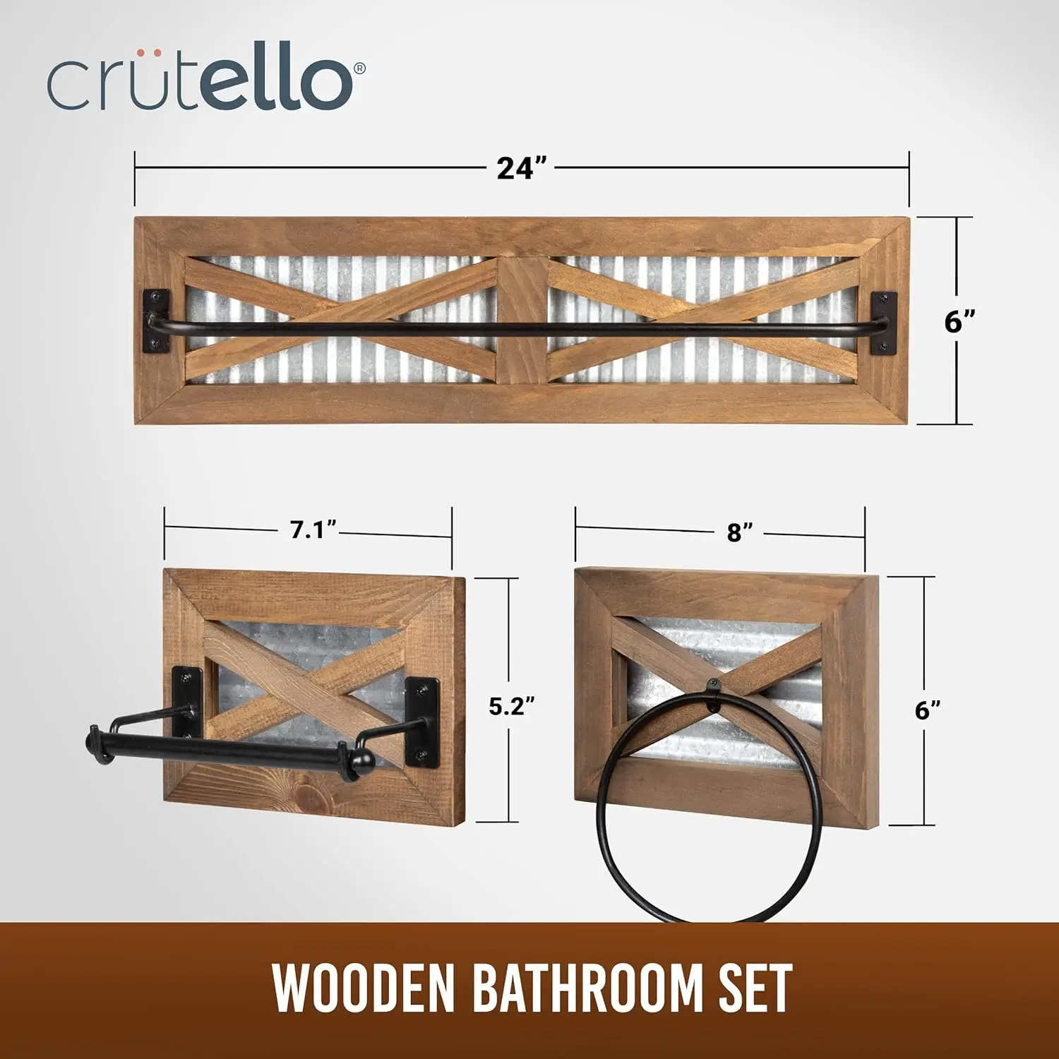 Rustic Bathroom Set. Towel Bar, Paper Holder, Towel Ring. Wall-Mounted. Barnwood, Galvanized Backing, Black Metal Bar.
