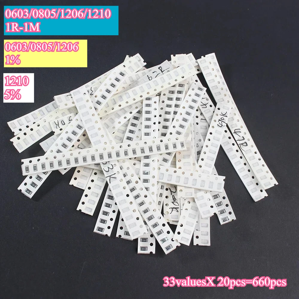 660pcs 1206 0805 0603 1210 SMD Resistor Sample Assorted Kit 1Ohm-1M Ohm 1% 5% Resistor Sample Assorted Kit