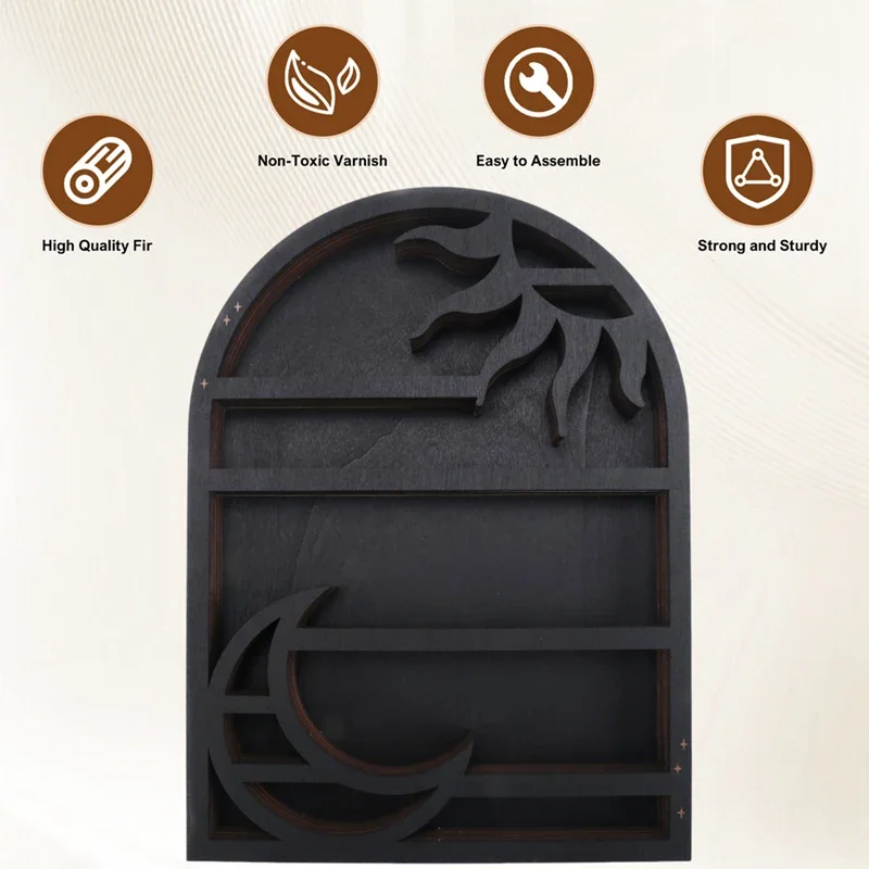 Stylish Wood Storage Shelf Wall Mounted Crescent Sun & Moon Crystal Design Practical Organizer for Home Decor 6