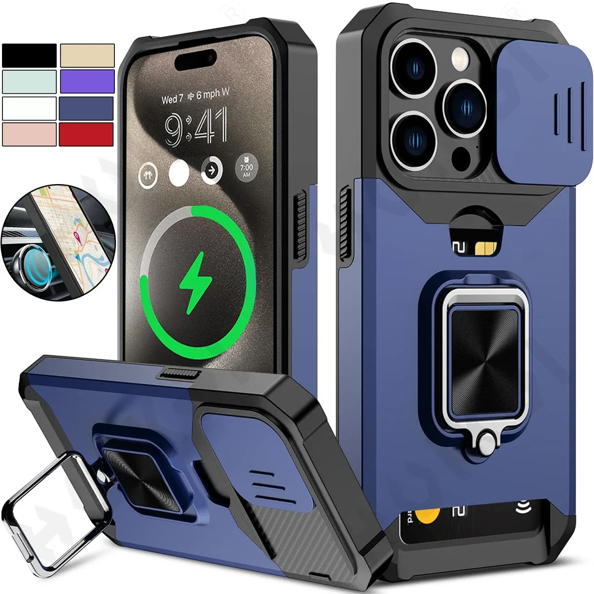 Custodia Per Iphone 15 14 13 12 11 Pro Max Xs Xr Slide Camera Card Holder Heavy Duty Anello Protettivo Magnetic Kickstand Armor Cover