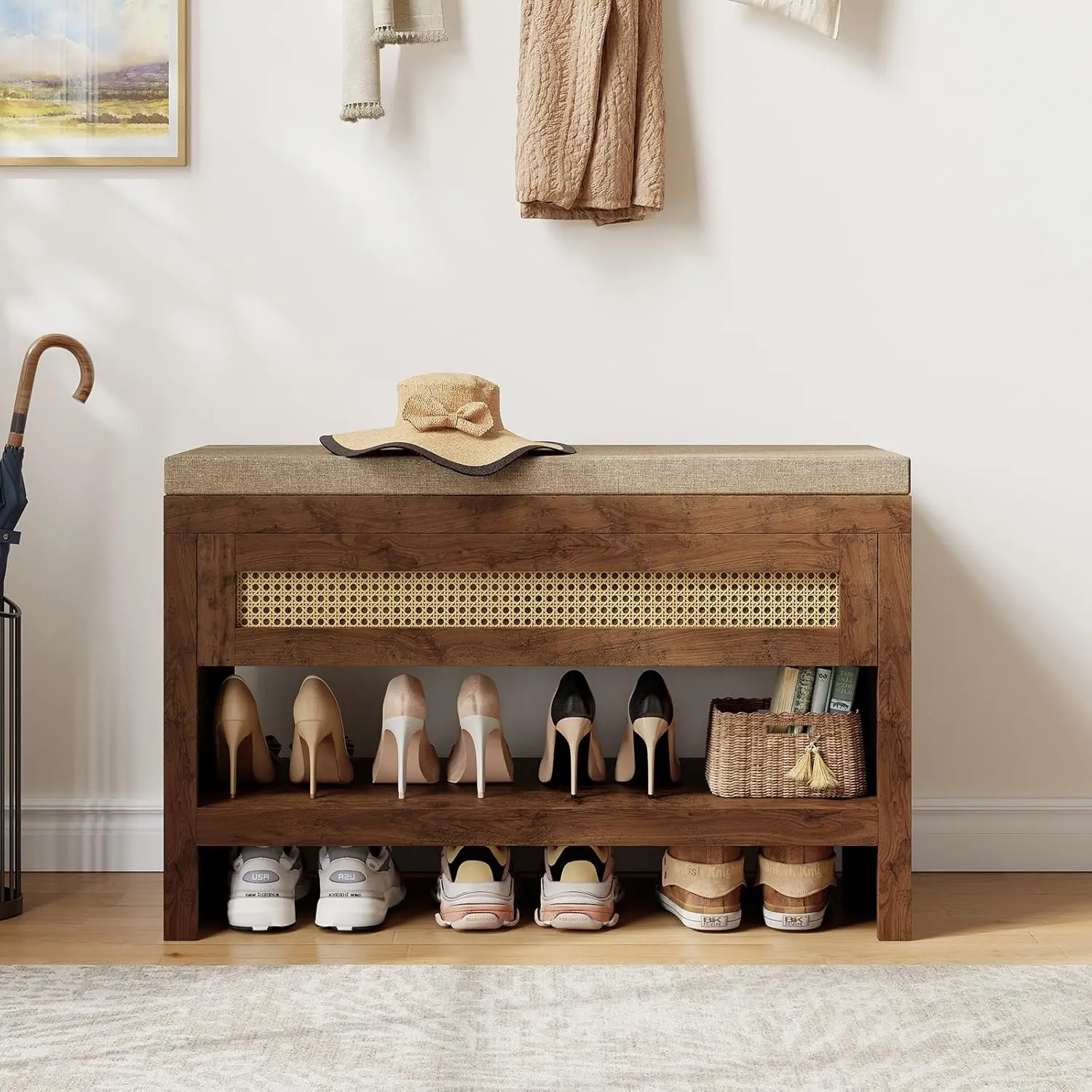 Rattan Shoe Bench with Cushion, 31" Shoe Bench with Storage Drawer, Farmhouse Shoe Rack with Shelf, Wooden Storage Bench