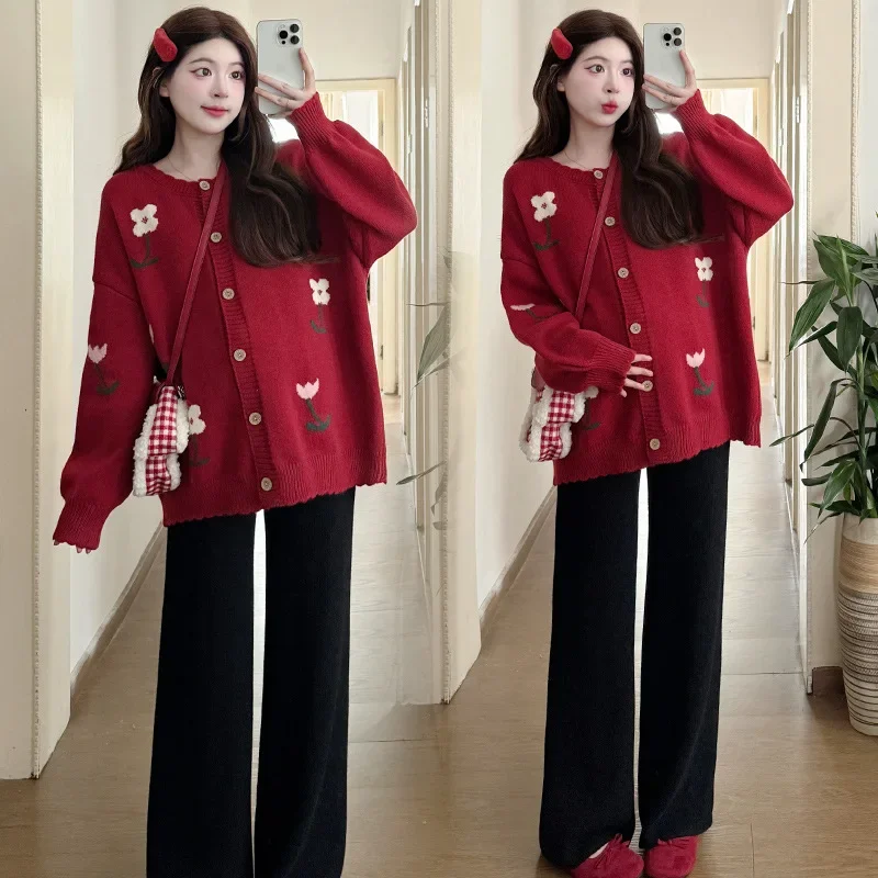 FashionableStylish Floral Age-Reducing Lazy Casual Thickened Sweater Jacket Knitbell Bottoms 2-Piece Set For Pregnant Women