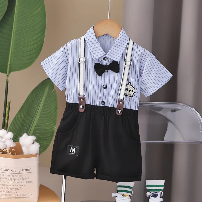 

Toddler Boys Summer Infant Clothes 2024 Korean Gentleman Children's Striped Short Sleeve Shirts and Overalls Two Piece Kids Set