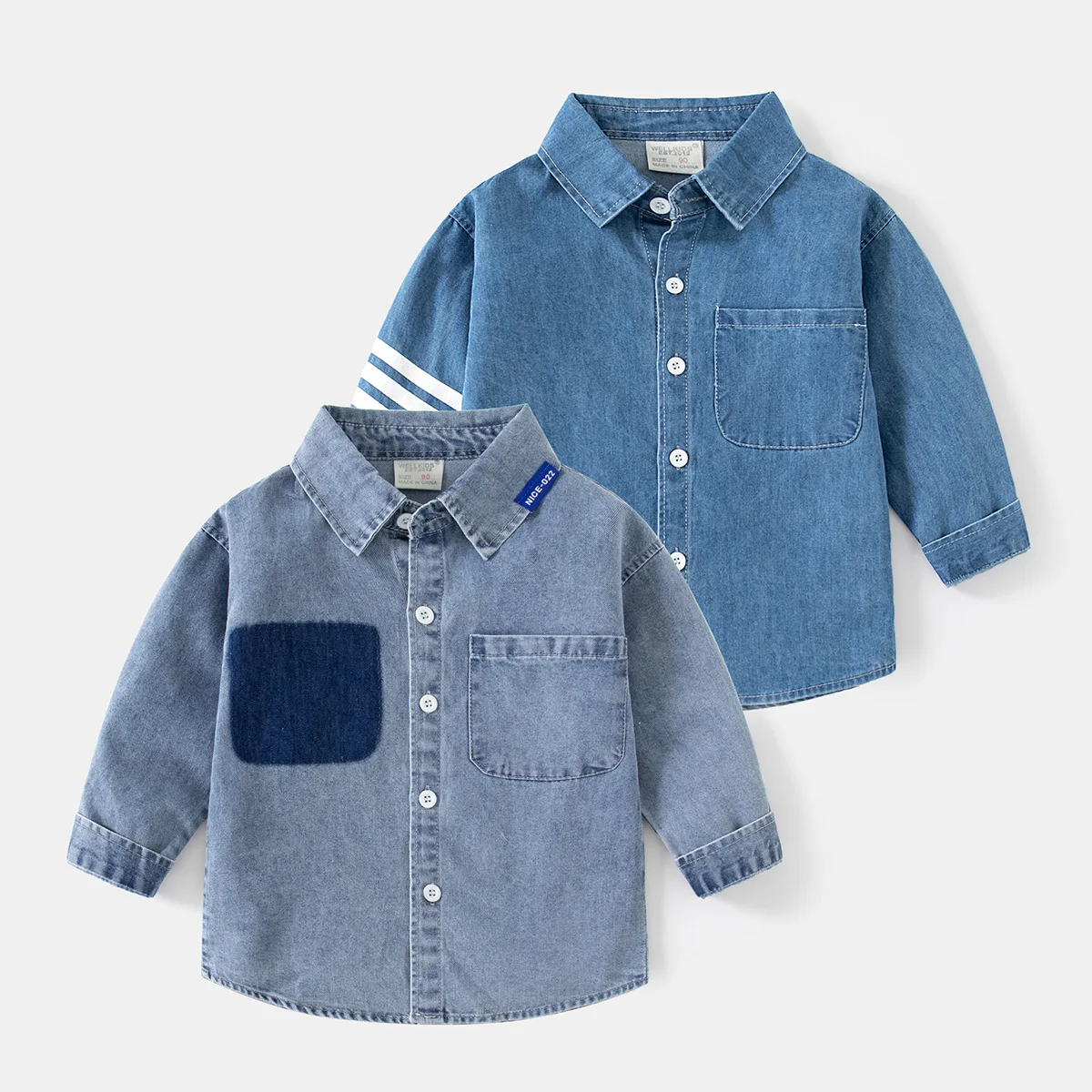 

Trendy Denim Boys' Long Sleeved Shirt With Lapel And Small Pocket Children's Shirt