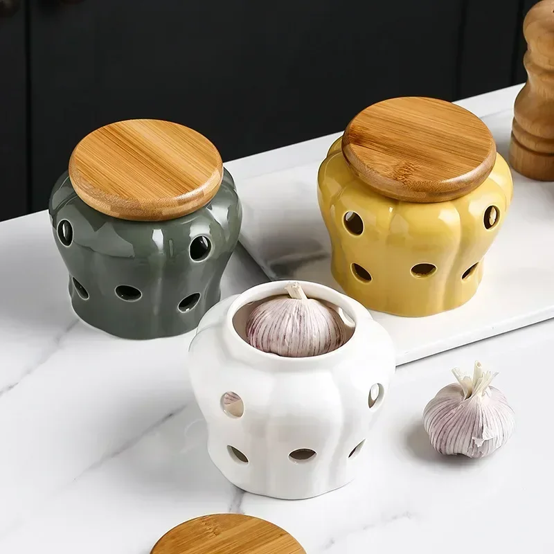 Hollow Openwork Ceramic Garlic Storage Jar with Lid Pumpkin shape Garlic Head Ginger Chili Pepper Storage Jars Candle Lampshade 3