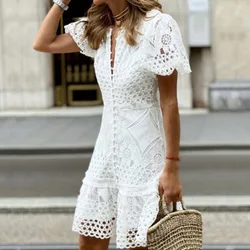 Women Clothing  Lace V Neck Short Sleeve Wrap Hip Dress Fashion Embroidered Button Party Dress White Beach Mini Dresses Vestidos