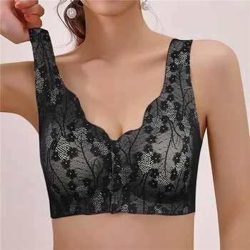 2024 New Front-open Button Large Size Underwear Bra For Women Thin Lace Bras Female Seamless Wire-Free Small Breast Push-up Bra 3