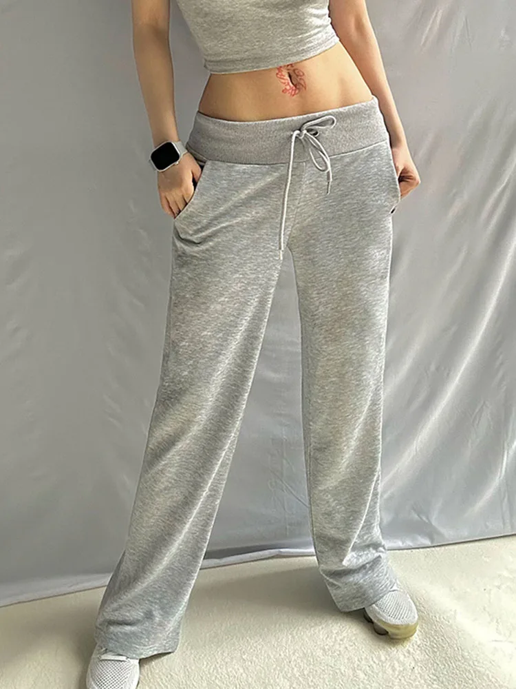 IAMSURE Casual Basic Solid Pockets Track Pants Loose Low-Waisted Wide Lge Pants Women 2024 Summer Fashion Streetwear Ladies