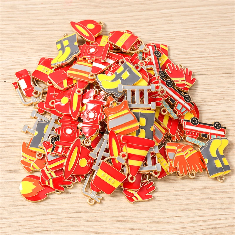 10 Stück Mix Emaille Feuer Thema Feuerwehr Werkzeuge Charms Anhänger für Schmuckherstellung Tropfen Ohrringe Halsketten DIY Handwerk Zubehör