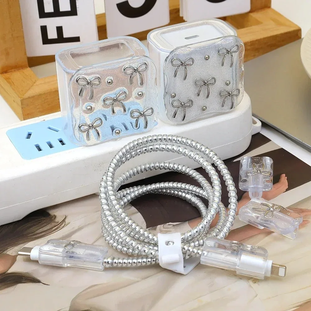 Cute Clear 3D Bowknot Pearl Wave Border Epoxy USB Protector Cover For iPhone 18W-20W Data Line Head Cord Fast Charging Case cable protector cable wire protector