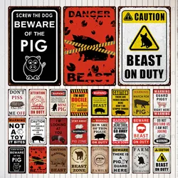 Warning Metal Tin Sign Caution Beast Beware of The Pig Vintage Plaque Iron Plate Decorative for Zoo Piggy Farmhouse Wall Decor
