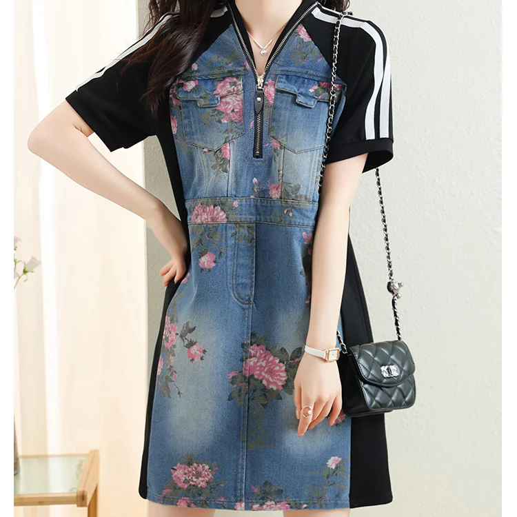 

Fashionable Women Floral Denim Dresses Women Casual Printed Denim Dress dis5