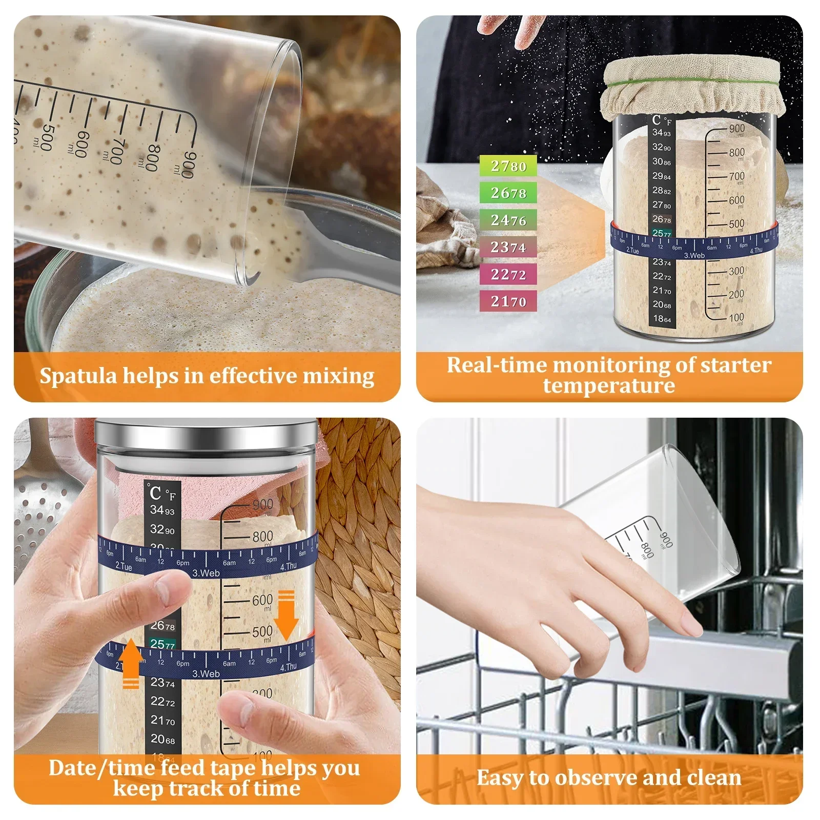 Sourdough Starter Jar 900ml Sourdough Starter Container with Spatula Feeding Band Reusable Glass Sourdough Fermentation Jar