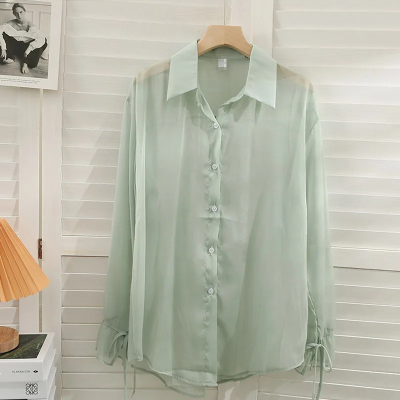 Pearl Diary Women Sheer Chiffon Shirts Summer Solid Color Casual Loose Beach Cover Up Shirts Buttons Front Chic Long Sleeve Top