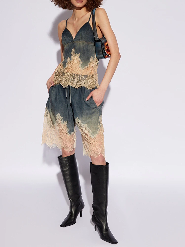 

Pantsy2k spring and summer irregular lace splicing elastic high waist Denim shorts2024 thin package hip five points Skirt shorts