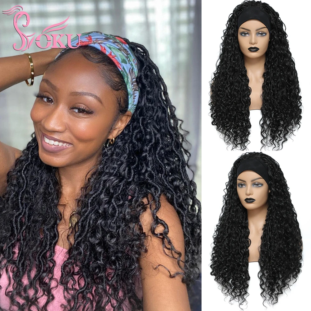 Curly Faux Locs Braid Wig With Headband 24 Inch Crochet Hair Dreadlocks Braided Wigs Soku Black Synthetic Headband Wig For Women synthetic hair wigs