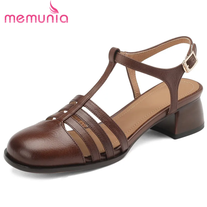 

MEMUNIA 2023 New Size 34-40 Genuine Leather Sandals Woman Buckle Square Med Heels Sandals Vintage Ladies Slingbacks Summer Shoes