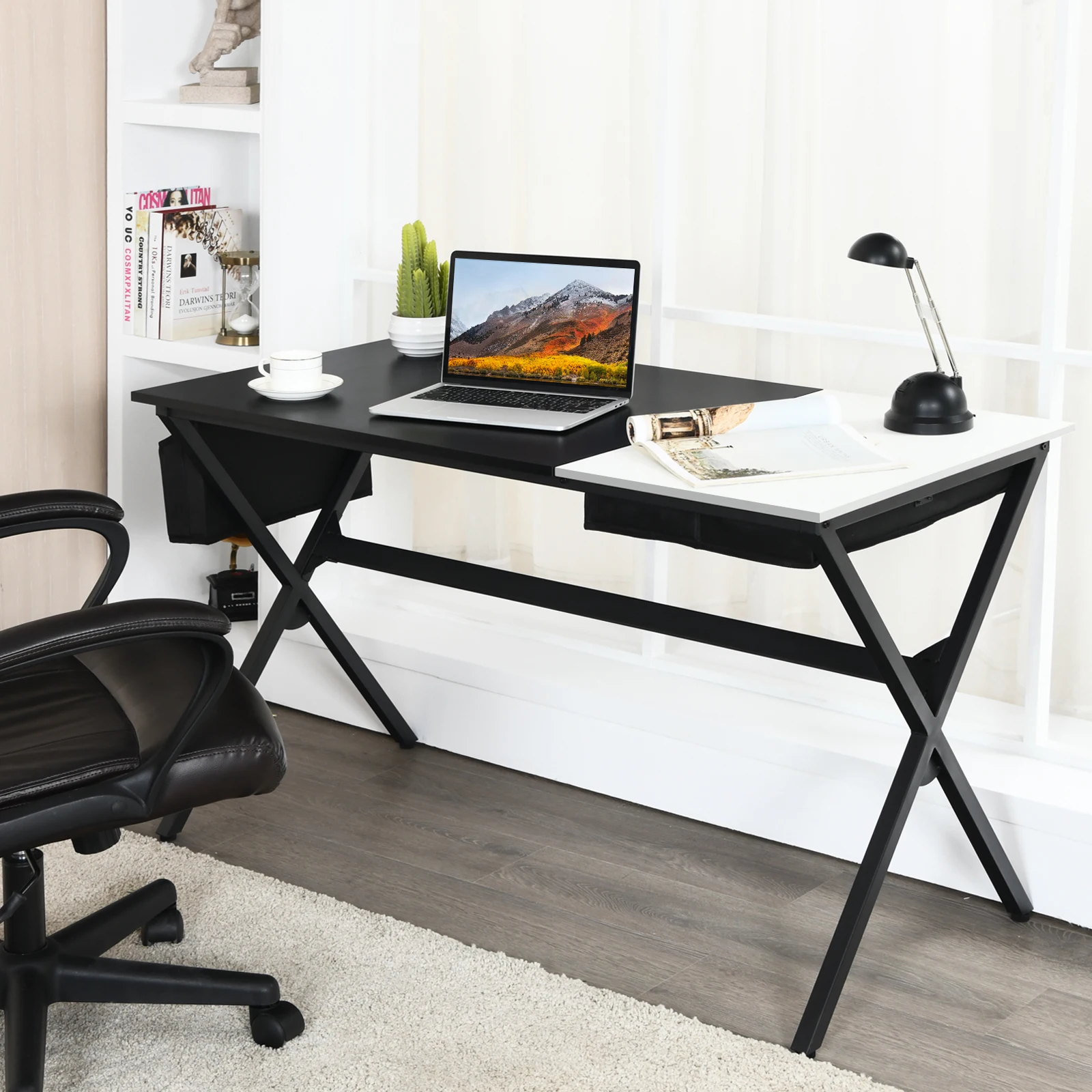 Schreibtisch mit Klappbarer Tischplatte, Computertisch mit Seitentasche & Metallrahmen, Arbeitstisch PC-Tisch modern aus Holz – Detail 1