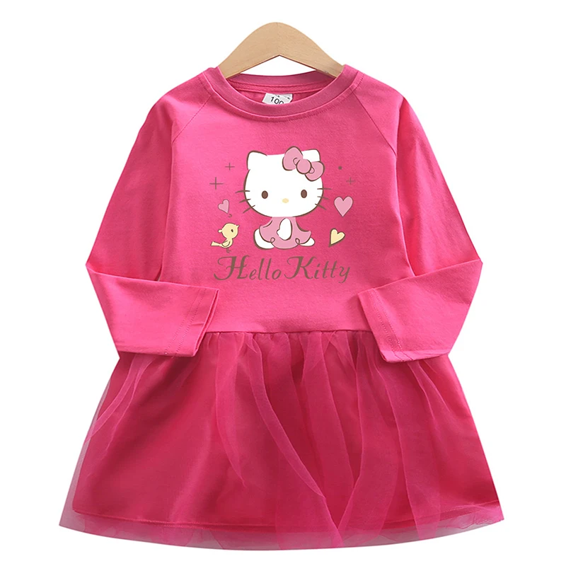 

Cute Anime Sanrio Hello Kitty Girl Dress Kawaii Cartoon Printing Children Autumn Party Clothing Long Sleeve Yarn Skirt Kids Gift