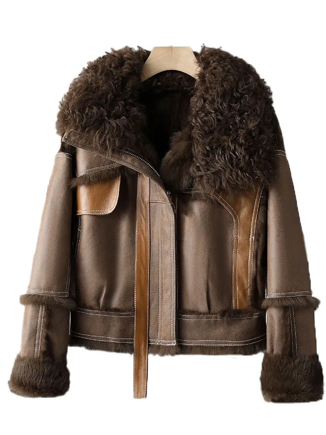 

Leather jacket lapel short version hit color splicing design warm and comfortable 2023 winter new 1115