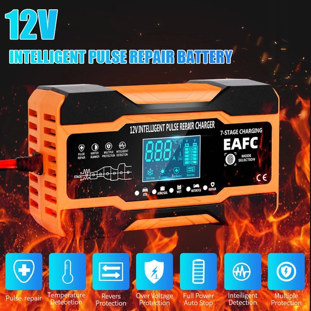 12V 24V 12A 10A Battery Charger Smart Fast Charging for Car Batteries 7-Stage Charge Pulse Repair for AGM GEL WET Lead Acid 2