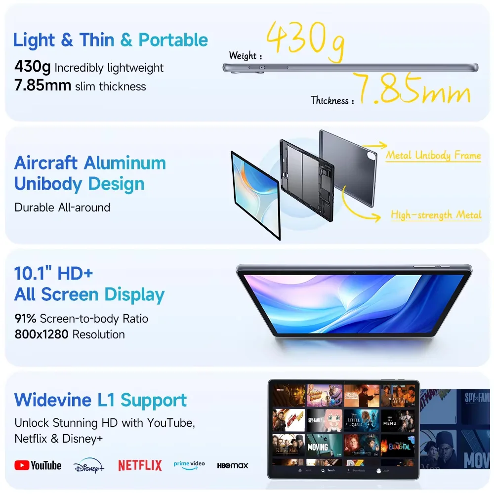 Ulefone Tab W10,8Гб + 128ГБ,Android 14 Tablet,6600 мАч, 8 МП,10.1" FHD+,4G Tablet,Unisoc T606 Widevine L1,Global Version 3