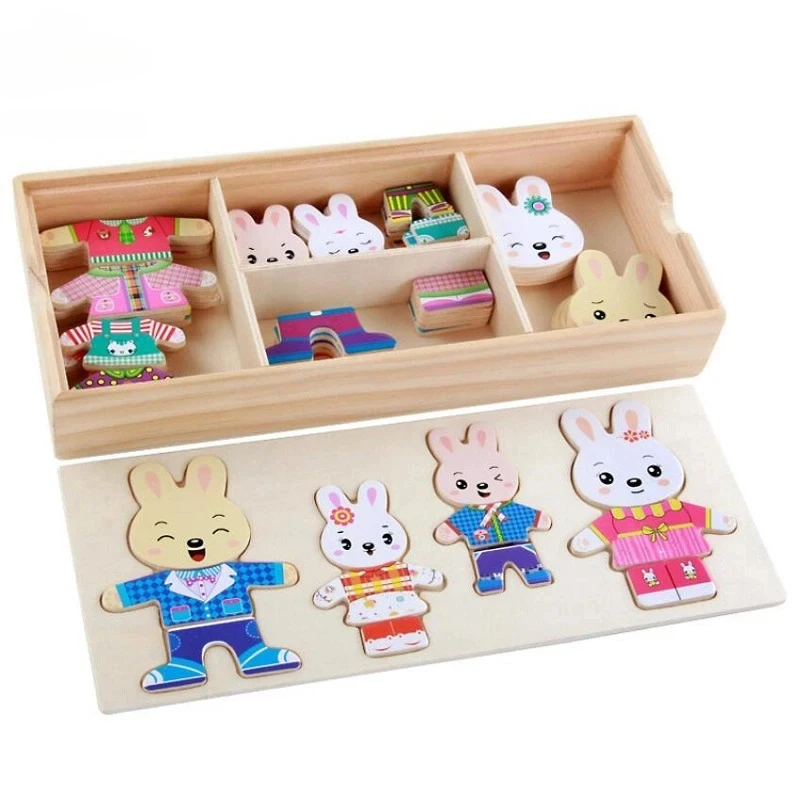 NEW Baby Cute Rabbit Change Clothes Puzzle Early Childhood Wooden Jigsaw Gift Toys for Children