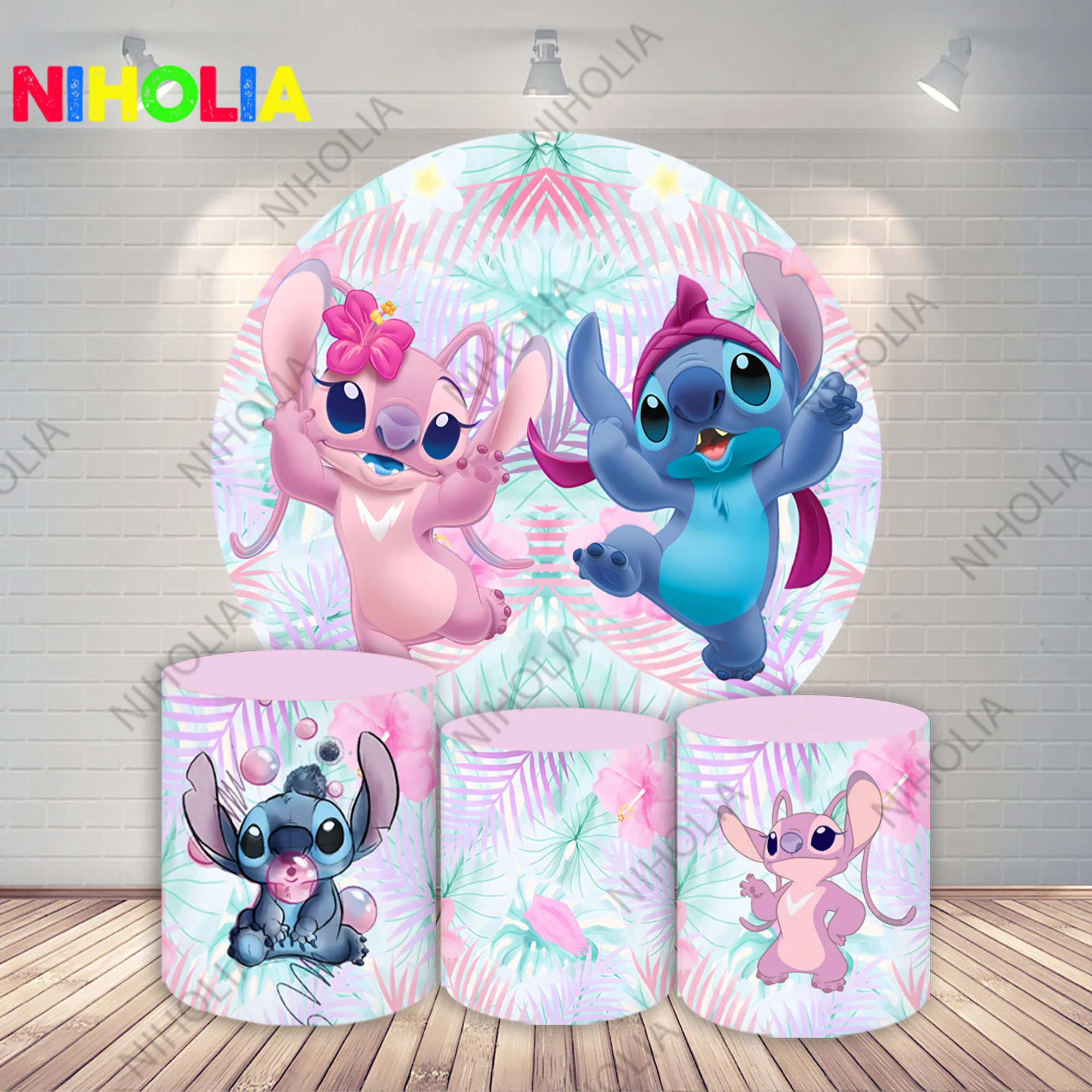 

Круглый фон для фотосъемки с изображением Стича ангела для детской вечеринки в честь Дня Рождения детского дня рождения декоративный фон цилиндрическая Крышка для торта и стола