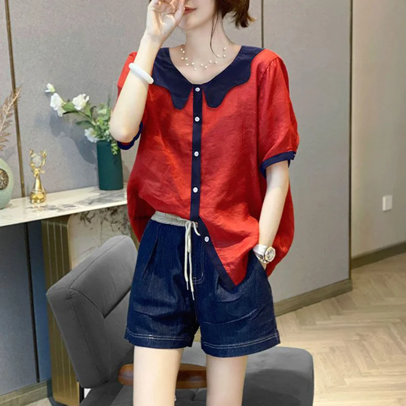 2023 Summer Korean Style Casual Short Sleeve Loose Shirts for Women Printed Patchwork Street All Match Blouse Top Female Blusas