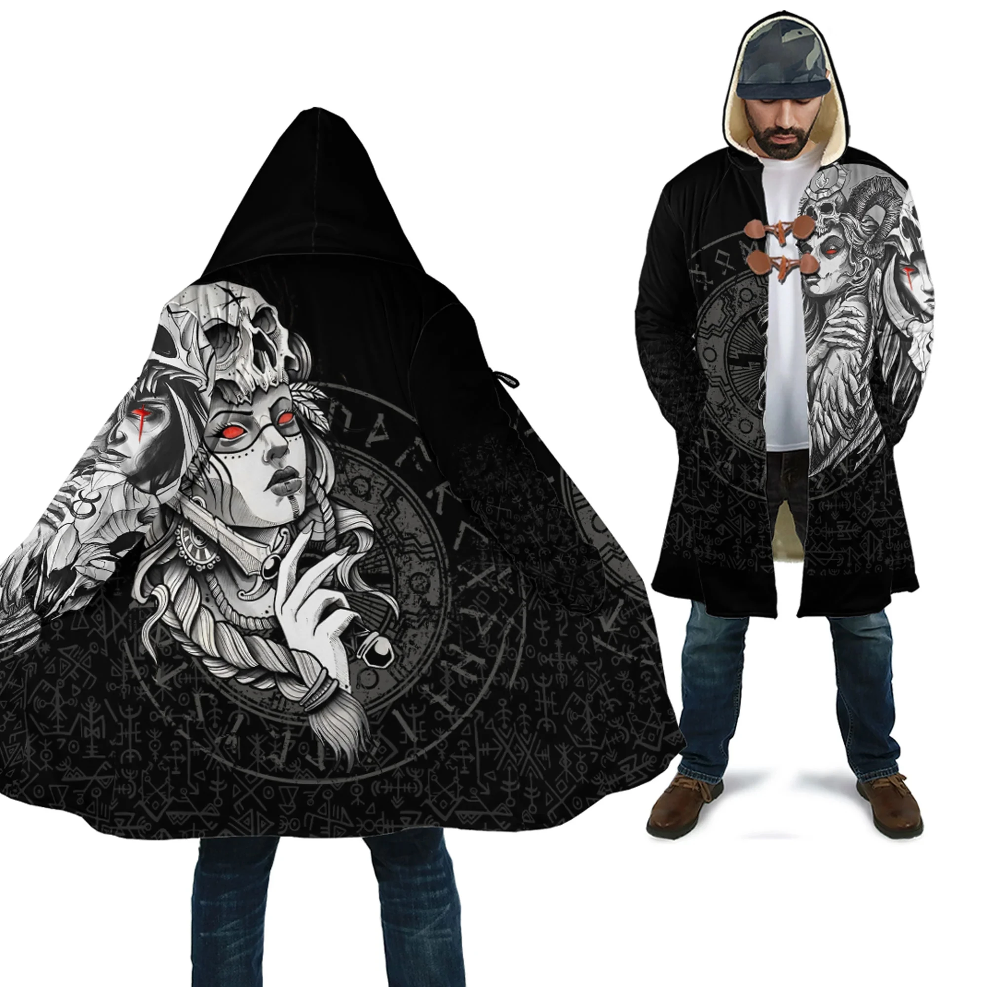

Winter Fashion Men's Hooded Cloak Odin and Valknut Tattoos 3D Printed Wool Hooded Cloak Unisex Casual Thick Thermal Cloak Coat