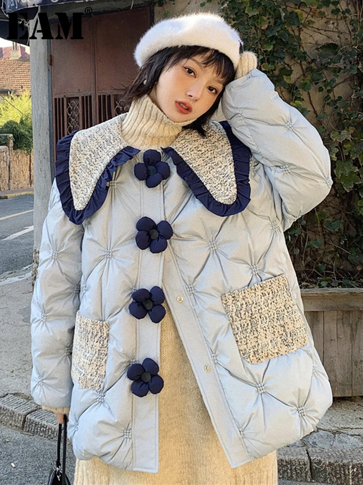 

[EAM] Blue Big Size Elegant Tweed Down Jacket New Lapel Long Sleeve Warm Women Parkas Fashion Tide Autumn Winter 2024 1DH4070