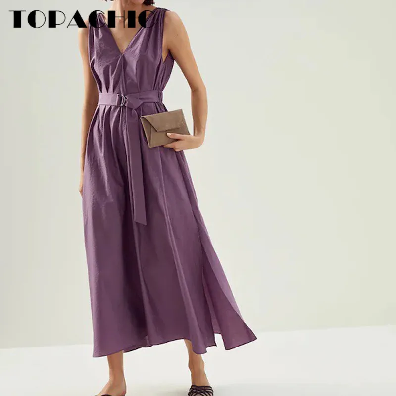 

6.7 High Quality Holiday Temperament Chain Beading Decoration V-Neck Sleeveless Belt Collect Waist Maxi Dress Women