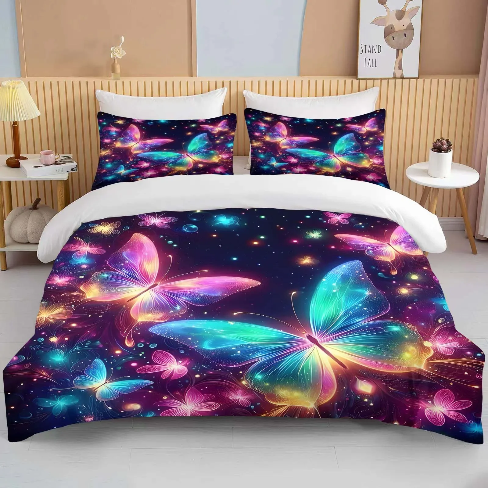 Neon Romantic Butterfly Roses Print Bedding Set Duvet Cover 1 Duvet Cover 2 Pillowcases Adult and Children Bedding Set Luxury