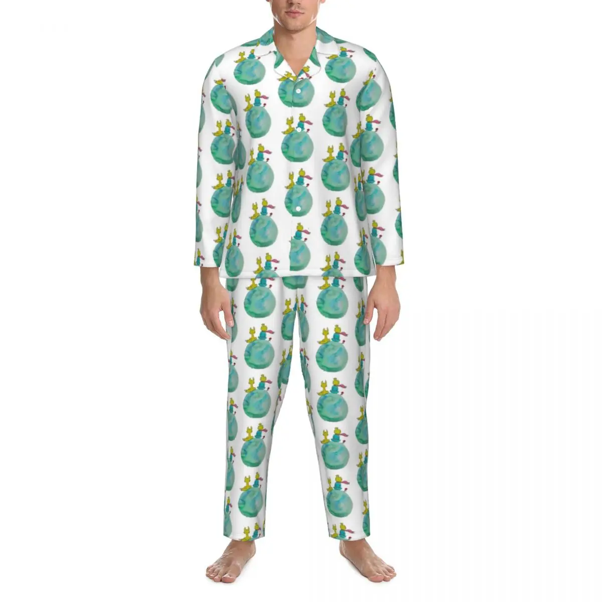 

The Little Prince Pajama Set Cute Fox Print Fashion Sleepwear Men Long-Sleeve Casual Loose Leisure Two Piece Nightwear Plus Size