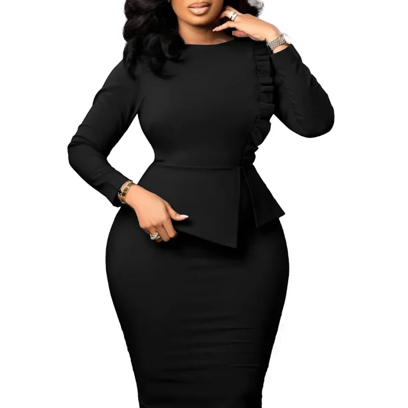 African Dress for Women Spring Bodycon Midi Daily Elegant High Waist Long Sleeve Robe
