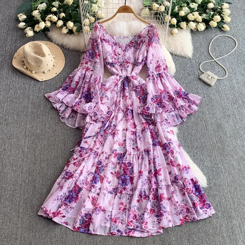 2026 French Long-sleeve Summer Chiffon Dress Women's Elegant Printed Maxi Dresses V-neck Beach Vacation Ruffled A-line Dresses