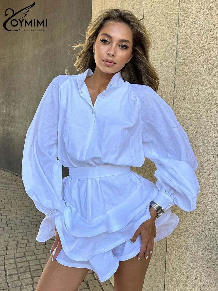 

Повседневные белые хлопковые платья Oymimi для женщин, элегантные однотонные платья с длинным рукавом и высокой талией, элегантное платье на шнуровке с каскадными оборками