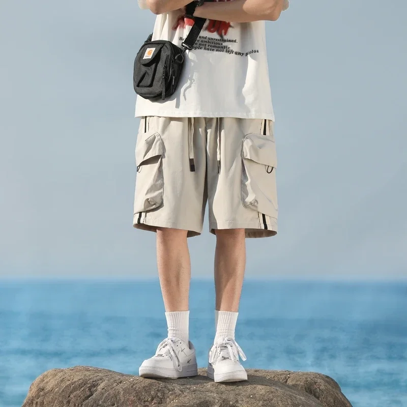 Men's Striped Solid Pockets with Elastic High Waisted Bandage Casual Sports Loose Workwear Trousers Preppy Style Summer Shorts