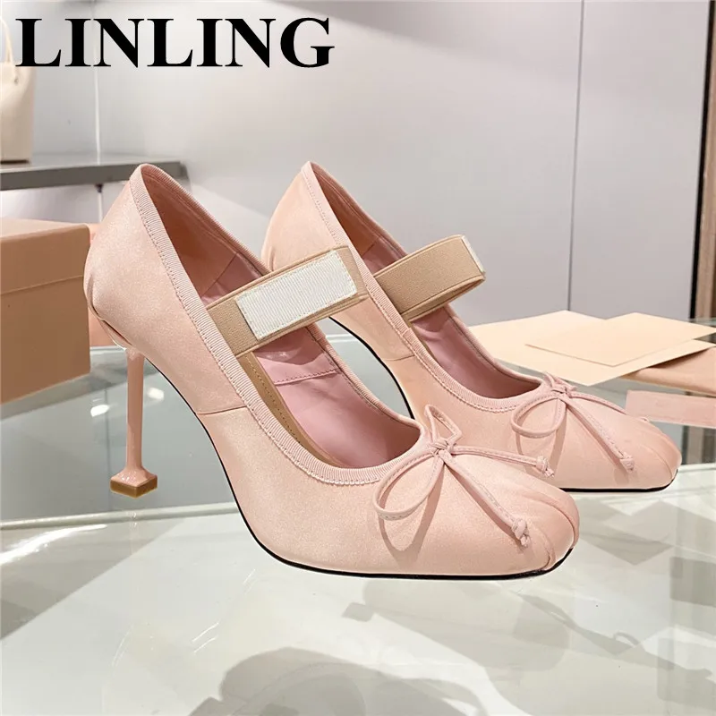 

Designer Pink Silk Butterfly-knot Round Toe Ballerina Shoes Genuine Leather Elastic Band High Heels Pumps Women's Dance Shoes