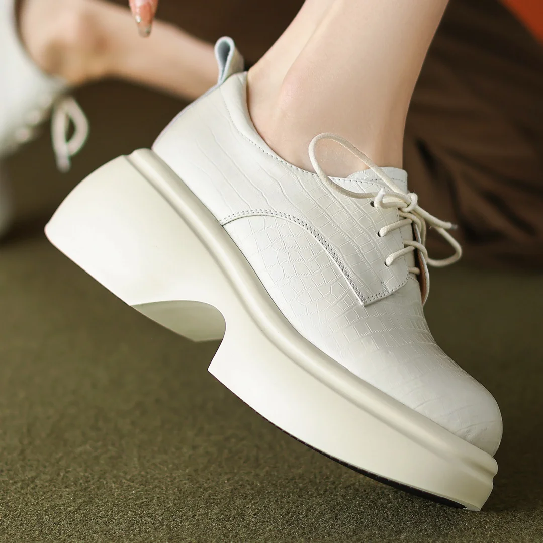 

Women's cow leather thick sole platform flats sneakers round toe leisure soft comfortable female height increasing shoes woman