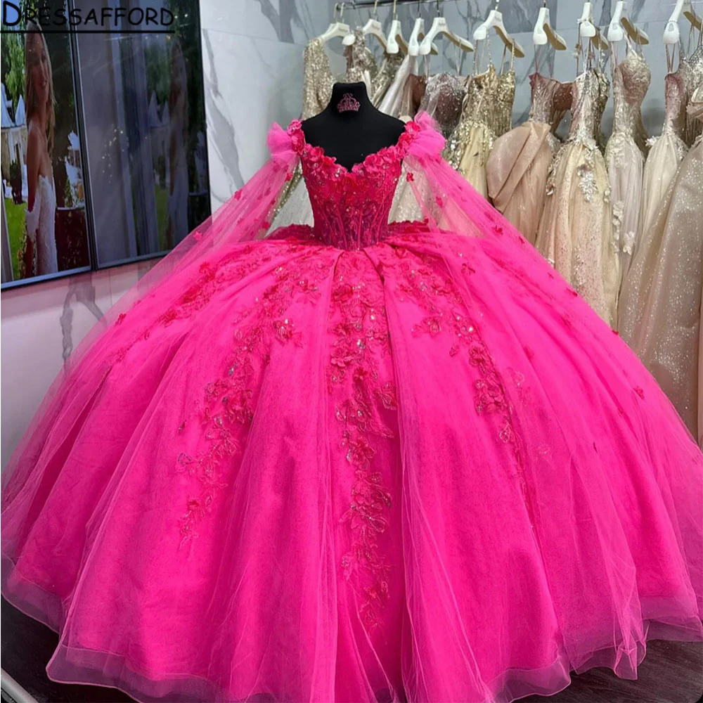 

Princess Quinceanera Dresses with Cape 3D Flower Applique Lace-up Corset Cinderella Prom Birthday Sweet 16 Dress Sweetheart Red