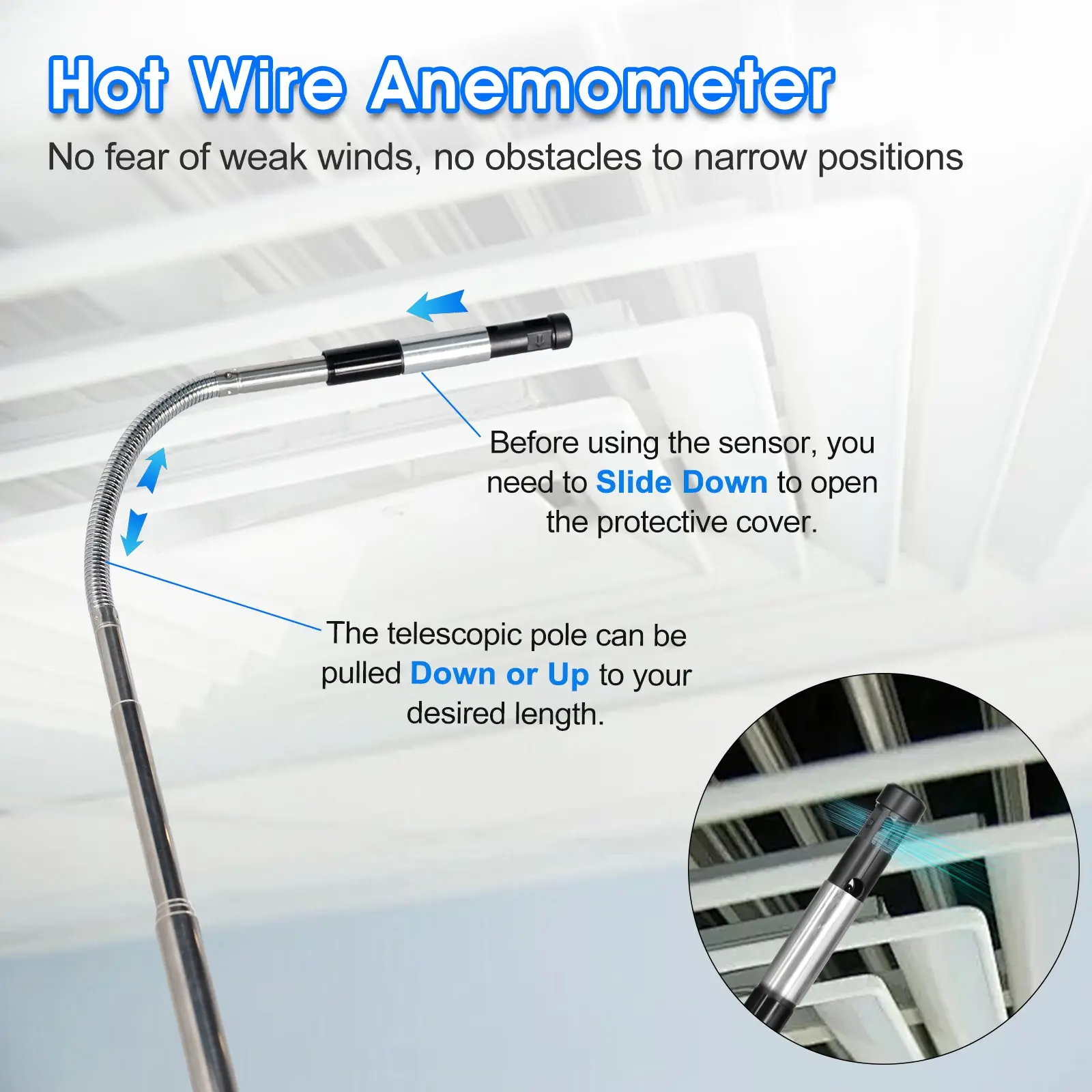 접이식 프로브가 있는 풍속계, 풍량/온도 측정기, 대형 컬러 LCD, 충전식, HVAC 드론 환기용