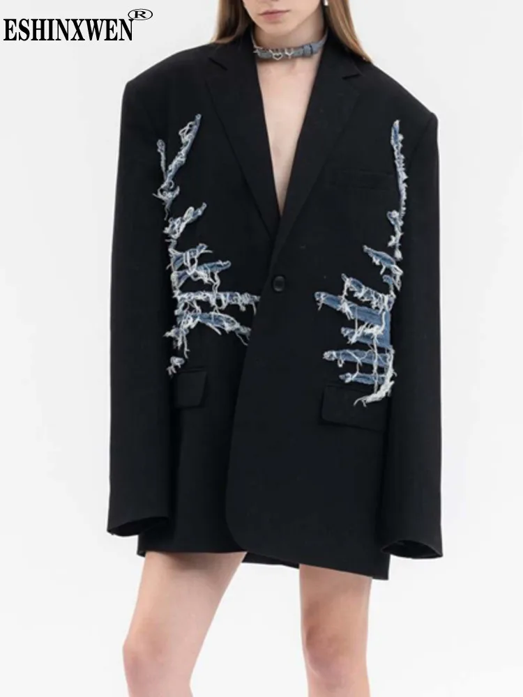 

Eshin 2023 Winter New Fashion Women's Blazer Notched Dilaceration Denim Spliced Single Breasted Loose Suit Jakcets TH5895