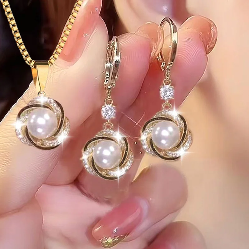3pcs Shining Zircon Luxury Elegant Jewelry Sets for Women Trendy Versatile Necklace Earrings Party Jewelry Birthday Gifts