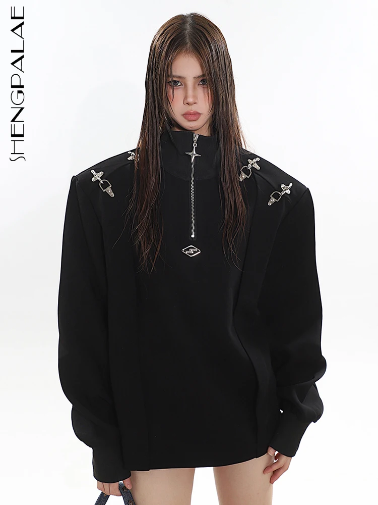 

SHENGPALAE Fashion Metal Buckle Women Sweatshirt Stand Collar Zipper Full Sleeve Advanced Loose Pullover Autumn 2023 New 5R5922