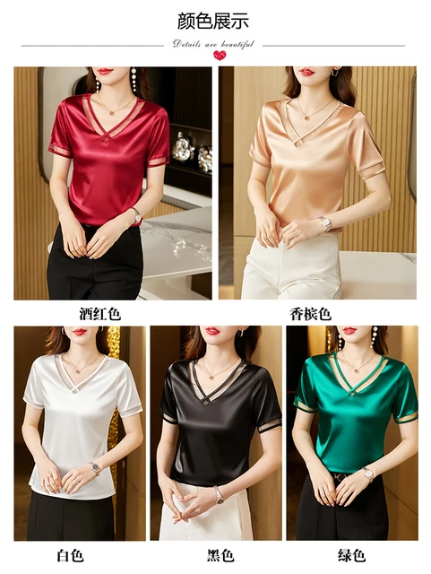 2023 Summer Women Tops Patchwork Mesh Silk Satin Shirt V Neck Casual Korean  Short Sleeve Pullover Blouse Blusa - Women Blouse - AliExpress